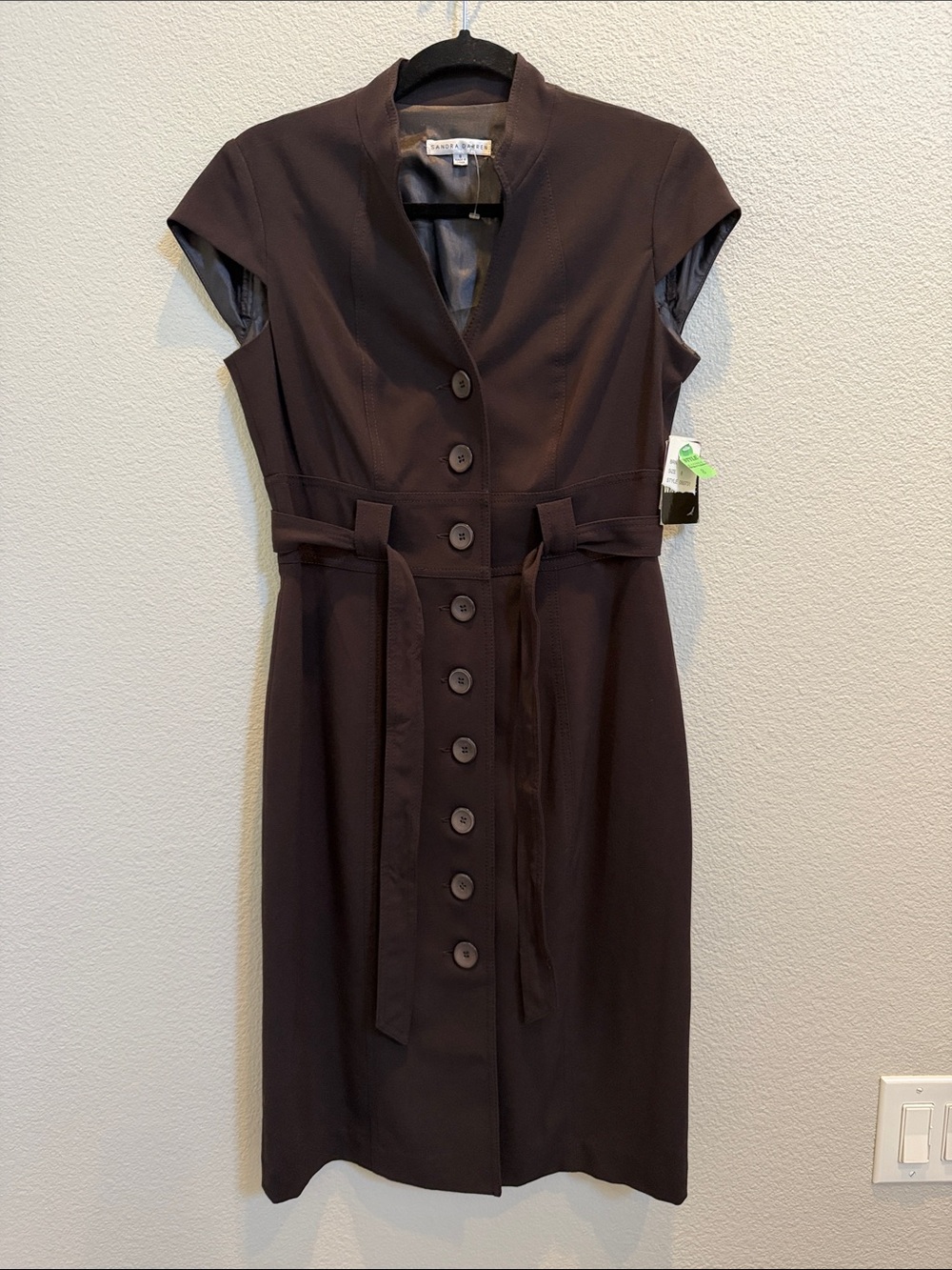 Sandra Darren Dark Brown Cap-Sleeve Button-Front Midi Dress NWT